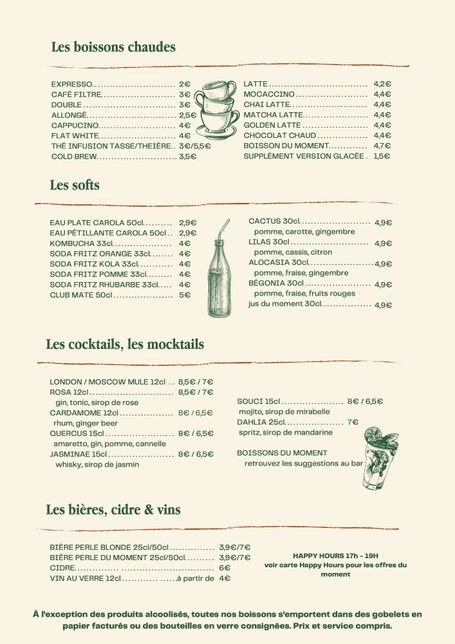 Carte des boissons à la Bouture